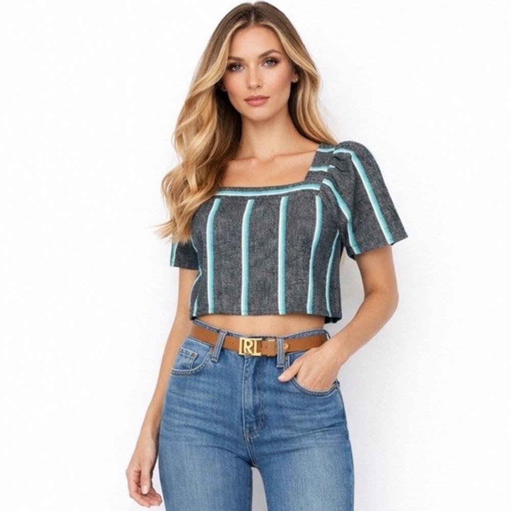Roxy Here Or There Striped Linen Blend Square Neck Crop Top Teal Size Large NEW